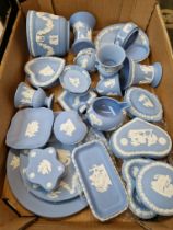 Wedgwood pale blue jasper wares including jug with glazed interior, lidded boxes, pomander etc. (