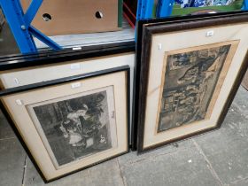 Seven framed etchings, mostly after Walter Dendy Sadler (1854-1923), five being engraved by James