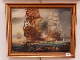 Late 19th century school, oil on canvas mounted on a board, naval battle scene, 49cm x 37.5cm,