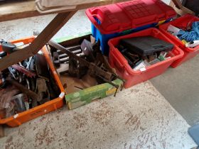 A large quantity of garage tools including router, sash clamp, socket set, wood plane, tool belt,