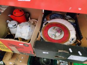 2 boxes of ceramics including teapots, plates, platters, billy can etc