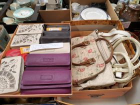 A box of modern handbags and a tray of wallets/purses including leather etc.