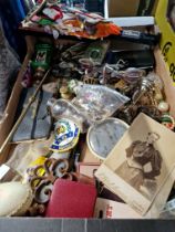 A box of assorted collectables to include Japanese paddle, pin badges & costume jewellery etc.