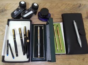 Assorted pens and associated items including Mont Blanc ink, Parker Rialto pens, A Cross fountain