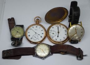 A mixed lot of watches comprising two gold plated pocket watches and three mechanical watches, all