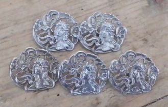 A set of five late Victorian Art Nouveau silver buttons, Levi & Salaman, Birmingham 1901.