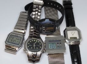 A group of five digital watches comprising Nooka, Ricoh, Pulsar, Casio and another unsigned.