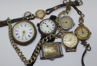 A group of six mechanical wristwatches, a ladies pocket watch marked 'Fine Silver' and a white metal