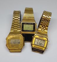 A group of three retro gold plated digital watches comprising two Casio and one Seiko.