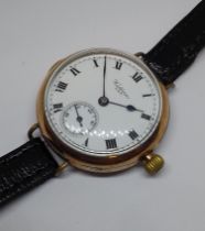 A Waltham USA gold plated "Trench" style wristwatch, case diam. 32mm, lather leather strap.