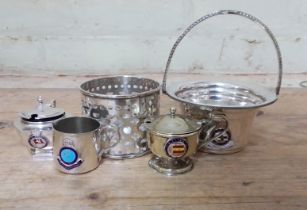 Assorted shipping line silver plated ware.
