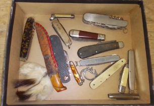 A box of assorted pen knives including hallmarked silver etc.