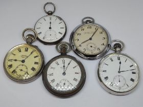 A group of five pocket watches including one silver.