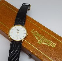 A Longines gold plated quartz wristwatch, case diam. 31mm, later leather strap, associated box.