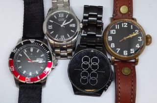 A group of four modern wristwatches comprising a limited edition Storm Digimec LED, a pilot's