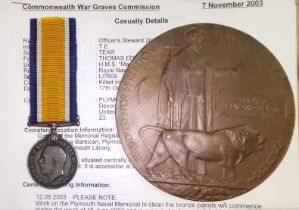 Royal Navy British War medal and death plaque awarded to Thomas Award Teear HMS Mary Rose, killed in