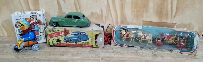 Three vintage toys comprising of a Chad Valley remote control car with original box, a Gorgi 1977