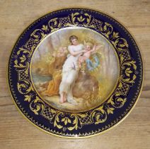 A continental porcelain plate decorated with scene entitled 'Amor u Nymphe', Vienna beehive mark