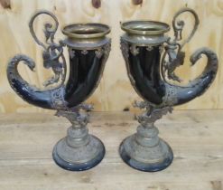 A pair of large brass mounted cornucopia vases, height 46cm.