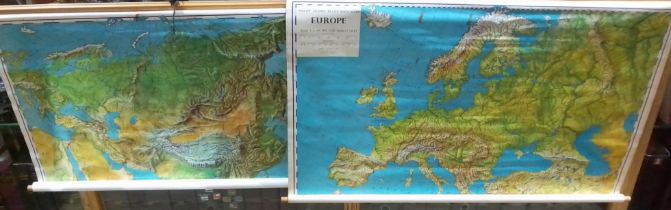 Two Philip's Graphic Relief Wall Maps; Europe and Asia