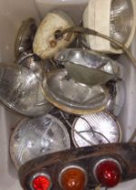 A box of assorted vintage/classic vehicles lamps.