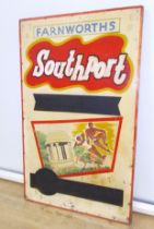 A vintage painted board tourism sign, for Farnworth coach company, destination Southport, 55.5cm x