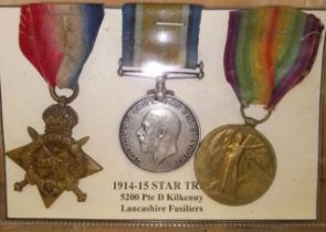WWI group of three awarded to 5300 Private D Kilkenny Lancashire Fusiliers