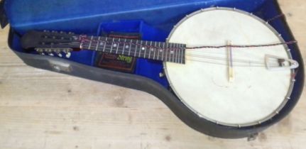 An eight string banjo mandolin, marked J.Wallis London, with hard case.