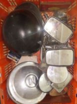A box of mainly vintage/classic vehicles mirrors, also including a motorcycle helmet and some hub