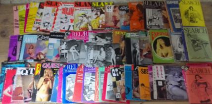 A box of assorted vintage adult magazines including Janus, Slant, Coral, Quest, Relate, SBS,