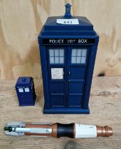 Three Doctor Who toys comprising 2 x Tardis & a sonic screwdriver.