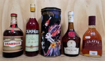 A mixed lot of liqueurs comprising Glayva 50cl, 1980s Drambuie 1L, Campari 70cl and Benedictine
