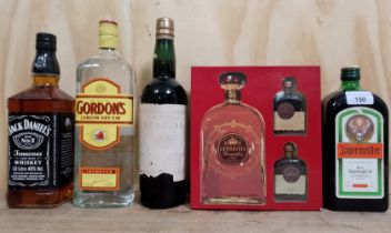 Assorted alcohol comprising Jack Daniels 1L, Jagermeister 70cl, Gordon's gin 1L and Lepanto brandy