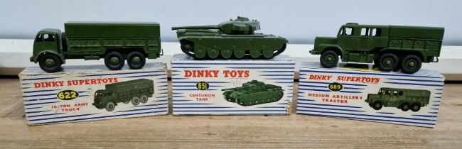 A group of three boxed Dinky Supertoys/toys comprising a 10-ton army truck 622, centurion tank