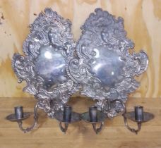 A pair of silver plated Rococo style candle sconces, length 42cm.