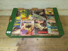 A box of assorted magazines including approx. 100 Commando, 24 War, 2 AirAce, 1 Battle, and 7 misc.