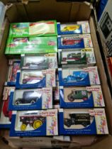 A box of die cast model vehicles, mostly Lledo Days Gone.