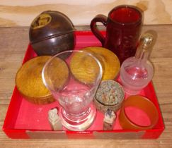 A tray of assorted glass and treen.