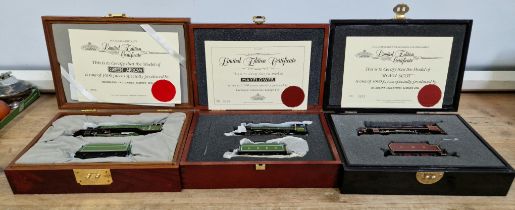 Three Bachmann Branch Line cased limited edition locos; Royal Scott, Green Arrow & Mayflower, with