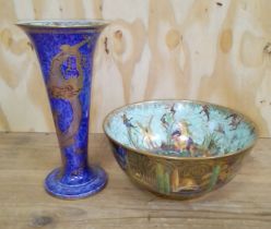 A Wedgwood Fairyland lustre bowl, diameter 23cm, and a Wedgwood lustre vase, height 25cm. Condition-