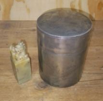 A Chinese pewter tea caddy marked 'Wongtai Swatow, together with a hard stone seal.