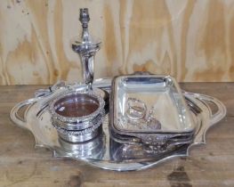 Assorted silver plate comprising a tray by Walker and Hall, a pair of coasters, a pair of entree