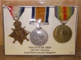 A WWI group of three awarded to 3327 SJT J Marsden Loyal North Lancashire Regiment