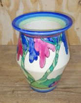 A Clarice Cliff Fantasque Bizarre vase decorated in Rudyard pattern, height 20cm. Condition - chip