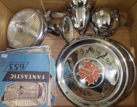 A box of assorted vintage/classic car parts comprising a Marchal Fantastic 653 and 660 lamps, bullet