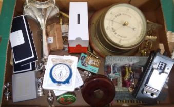 A box of assorted items including a ship's bulk head barometer, Cross pens, watch parts etc. etc.