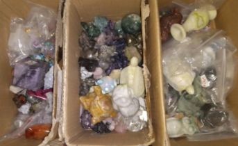 Three boxes of assorted crystals, polycrystalline and fashioned minerals.