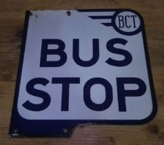 An enamelled bus stop sign, 30cm x 32cm.