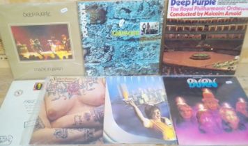 Seven 1970s rock vinyl LP records, Deep Purple, Supertramp, Free & Colloseum.