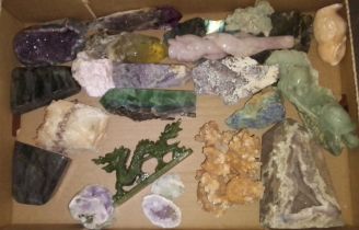 A box of crystals and fashioned minerals including scapolite, labradorite etc.